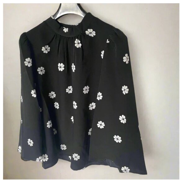 Kate Spade Blouse Womens Black Mock Neck Floral Puff Bell Sleeve Crepe Top - Picture 5 of 8